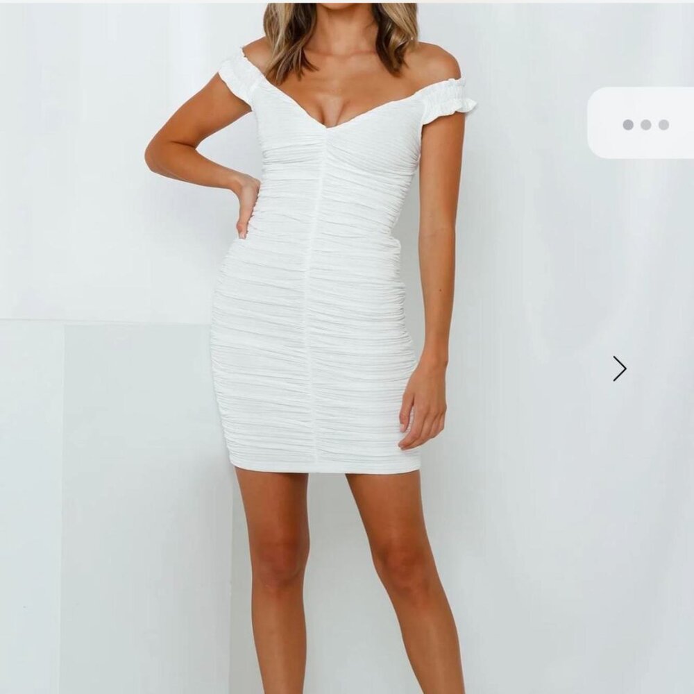 Brand New Selfie Leslie White Ruched Mini Dress